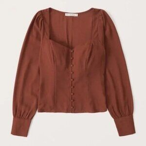 Abercrombie Long-Sleeve Button-Through V-Neck Top, Rustic Paprika Color